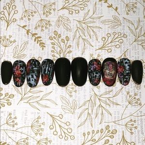 Matte black, Floral Frida Presson nails. Custom made, reusable Presson nails. Sm